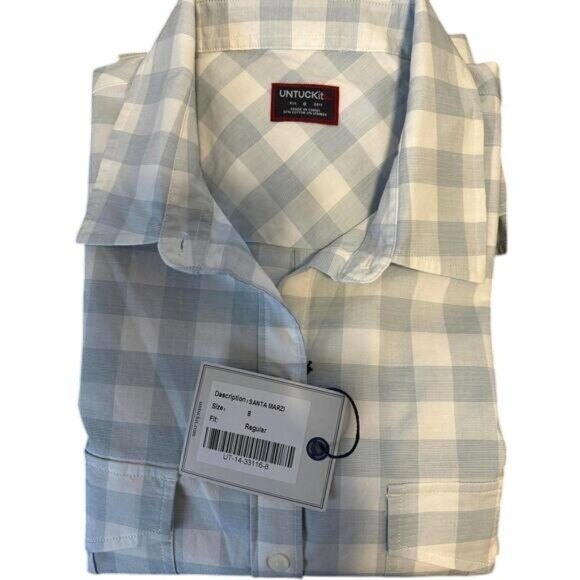 Untuckit Santa Marzi Women's White Blue Plaid Button-Down Shirt Sz 8 - Picture 4 of 4